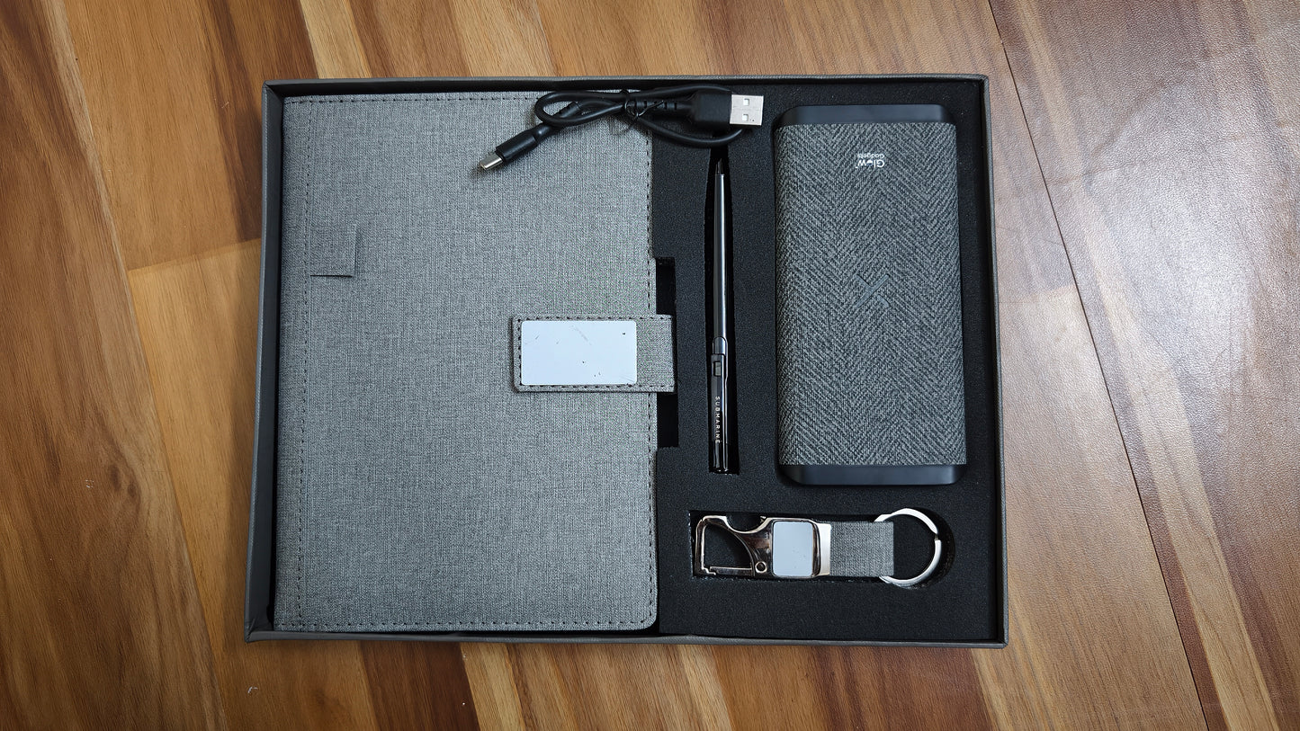 4 in 1 Personalized Corporate Gift Set | Custom Name Diary, Pen, Power Bank with USB wire & Keychain | Premium Office Gift Combo for Employees, Boss, Clients & Professionals (Grey)