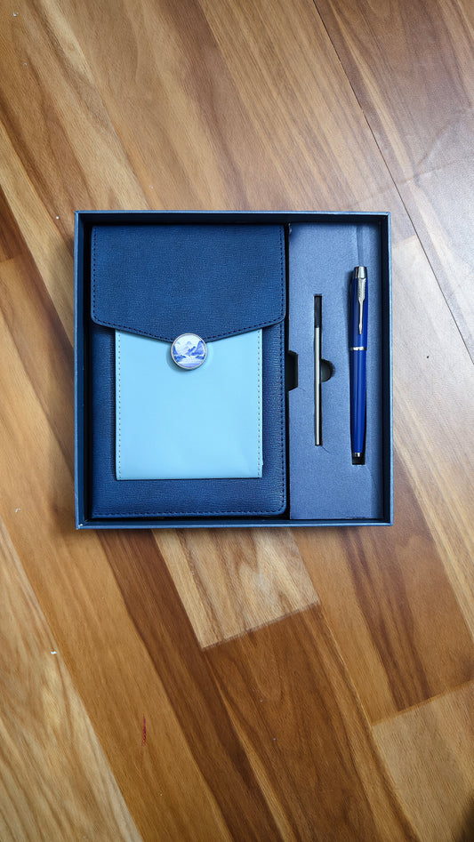 3 in 1 Gift Set Blue PU Leather A5 Notebook with decorative moon button closure, a matching ballpoint pen, and a pen refill