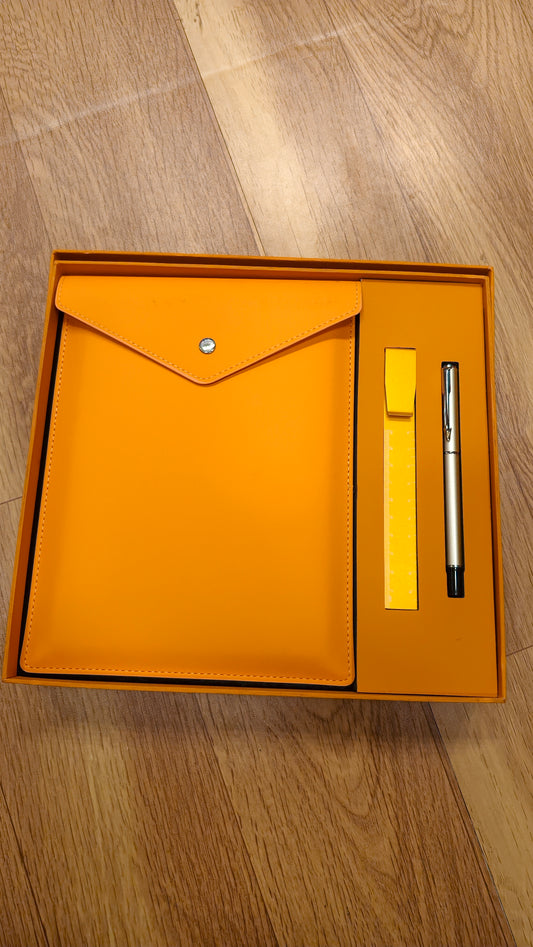 3 in 1 Gift Set Orange Diary, Metal Roller Pen and Ruller